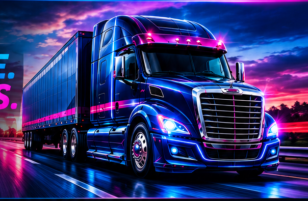 Neon semi truck on the road